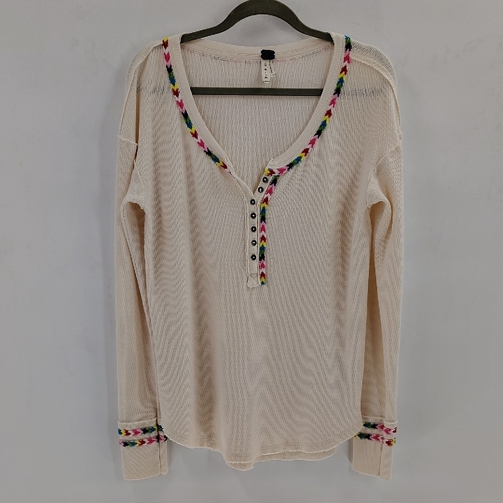 We The Free Pullover Long Sleeve Cream Embroidered Top Size Large Relaxed Fit